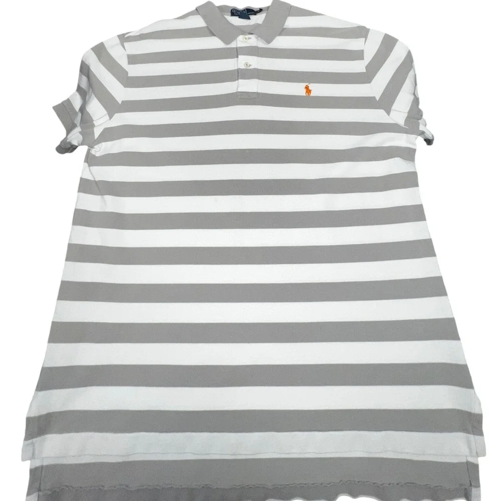 Polo Ralph Lauren Mens XL Grey White Striped Short Sleeve Cotton Polo Shirt